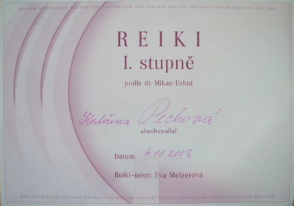 Certifikát Reiki 1. stupeň